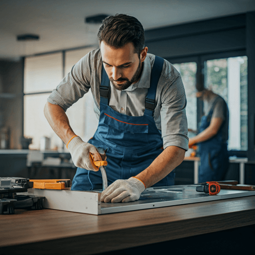 Professional service team in branded uniforms in a home environment