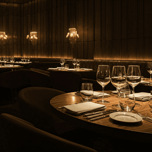 Upscale restaurant interior with warm ambient lighting and fine table settings