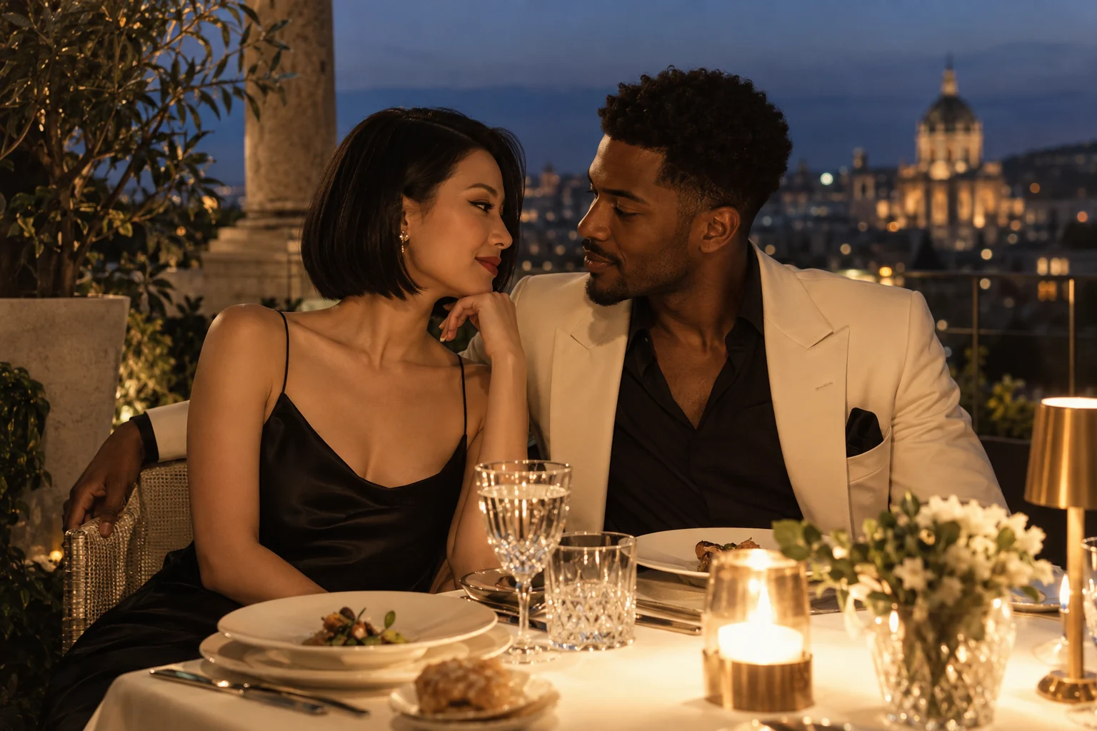 An adult East Asian woman and Black man dressed for dinner on a hotel terrace.