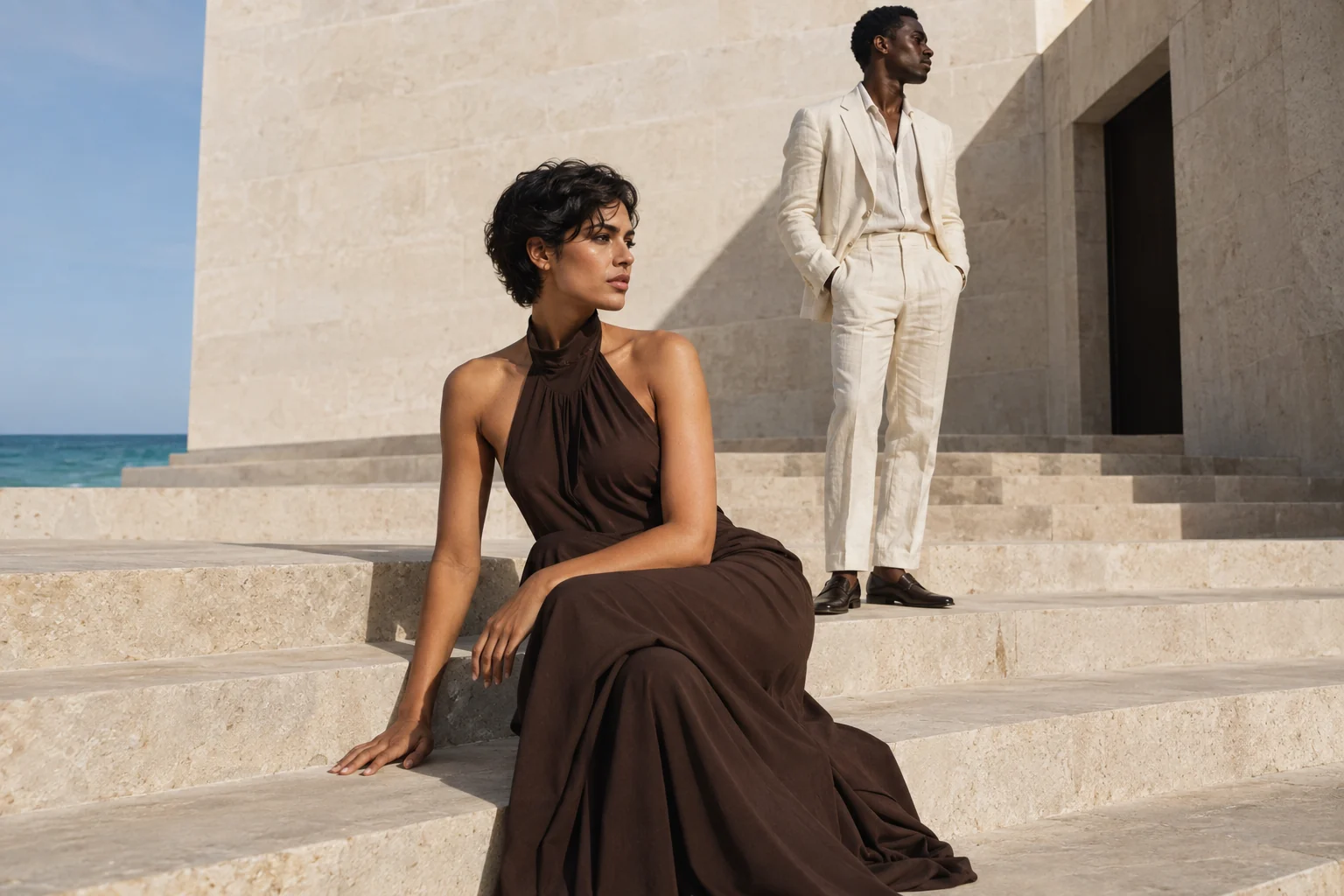 An adult woman in a chocolate halter gown and a man in an ivory suit on sunlit limestone steps beside the sea.