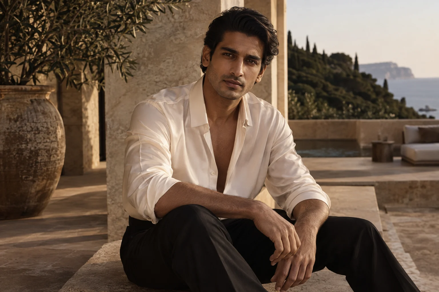 An adult male model in an ivory silk shirt on a shaded limestone terrace.