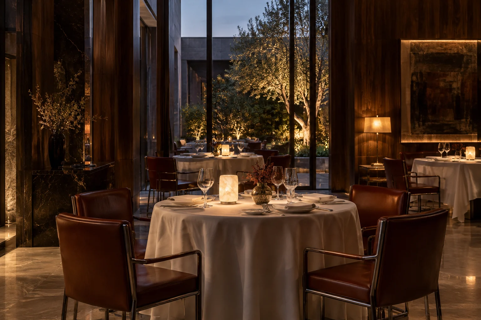 A hotel dining room with linen, glassware and warm evening light.