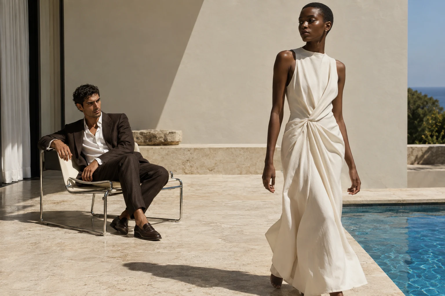An adult woman in a sculptural ivory gown walking a limestone pool terrace while a man in a brown suit looks on.