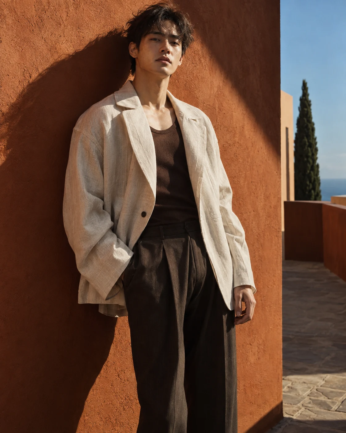 An adult East Asian man in an ivory linen jacket and brown trousers against a terracotta wall.