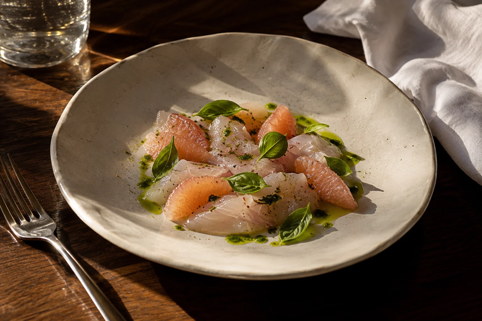 A fine dining crudo dish with citrus, herbs and olive oil on handmade porcelain.