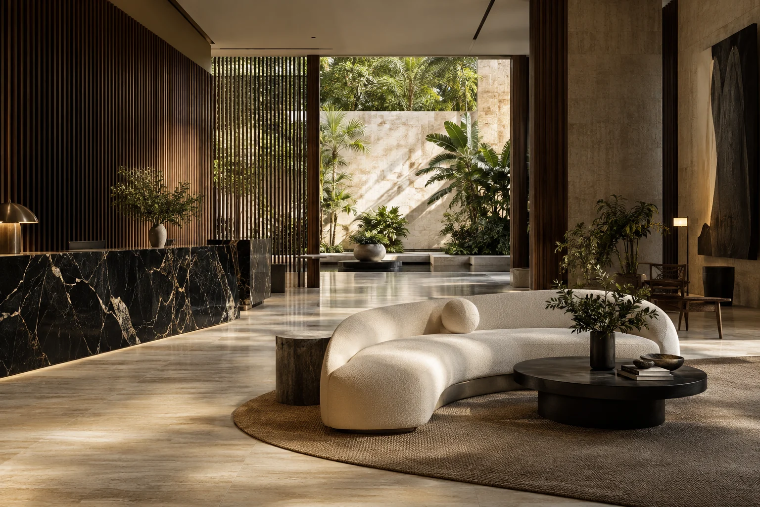 A design hotel lobby with black marble, sculptural seating and a warm courtyard view.