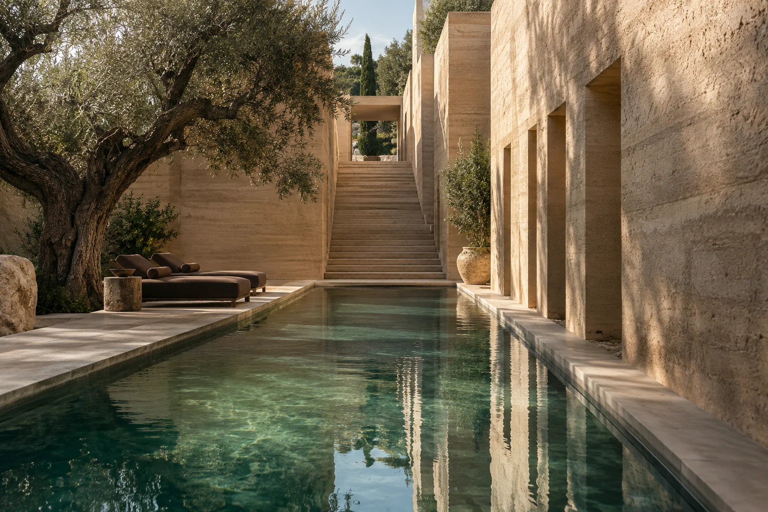 A limestone hotel pool terrace with still water and a view to the sea.