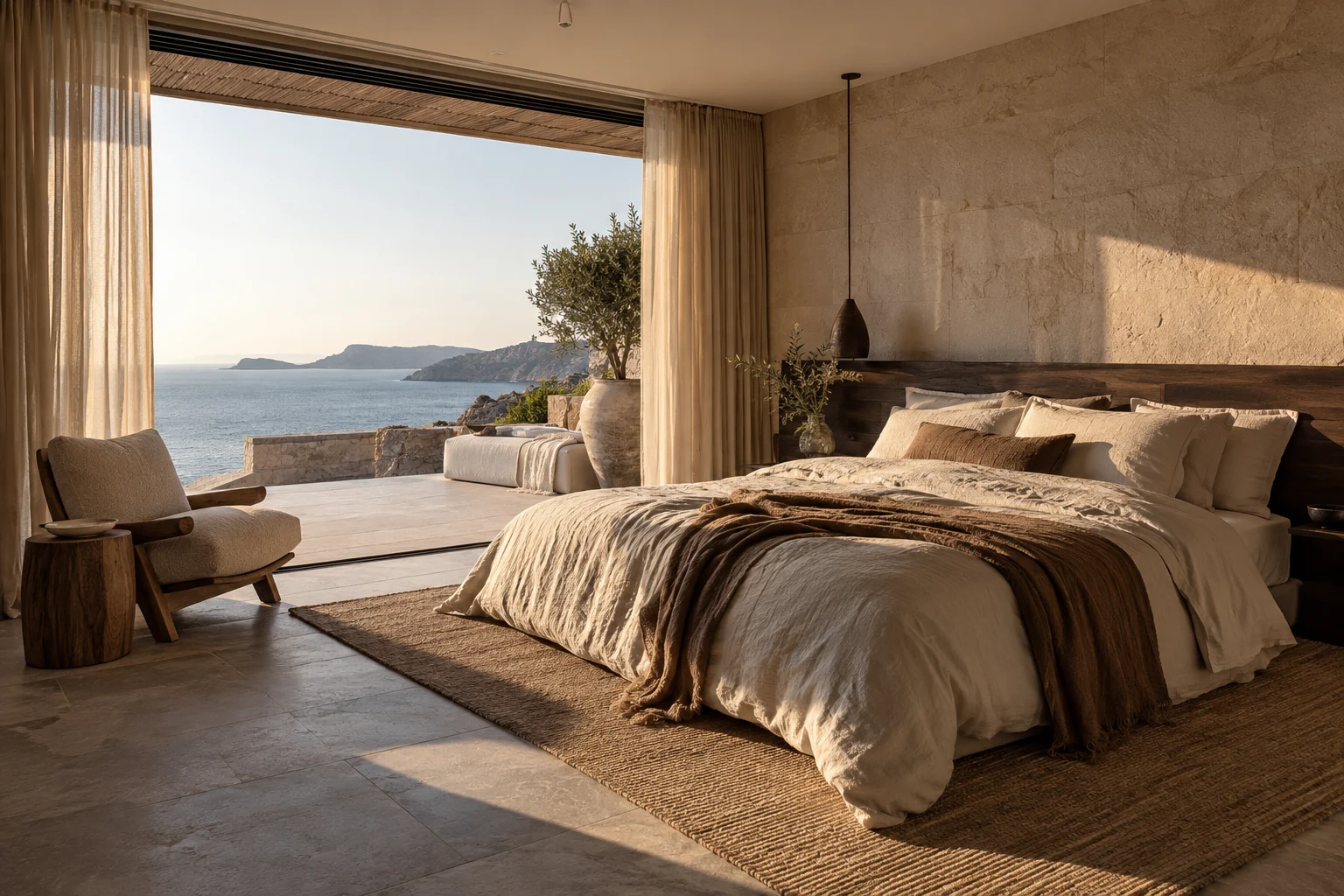 A sunlit contemporary hotel suite with limestone walls, linen and a private terrace.